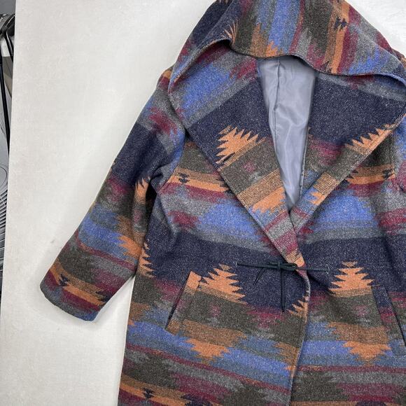 Andrea Marin Coat Womens Large Multicolor Hooded Wool Blend Aztec Boho Southwest - Picture 5 of 15